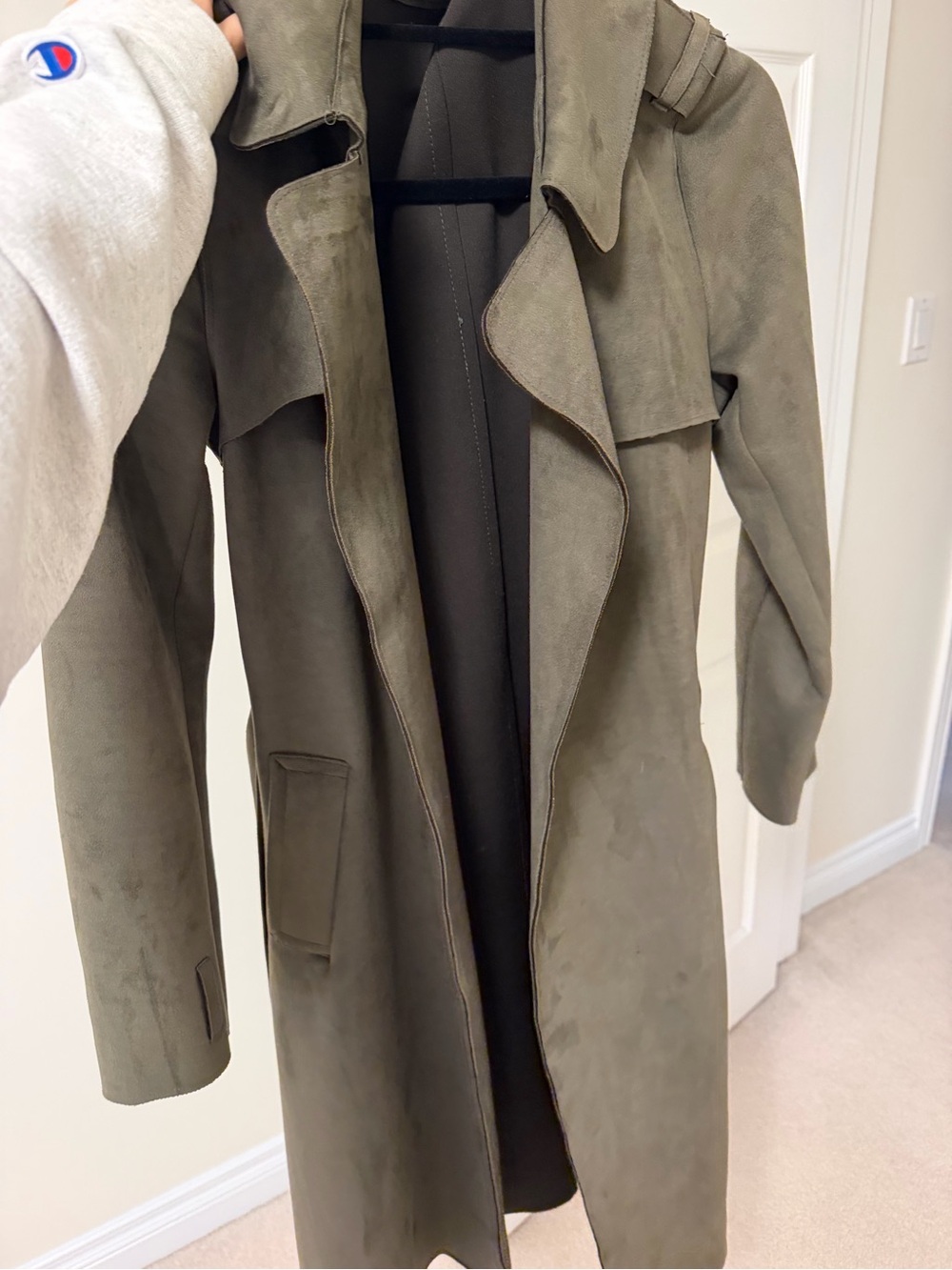 Zara Olive Faux Suede Trench Coat with Draped Lapel